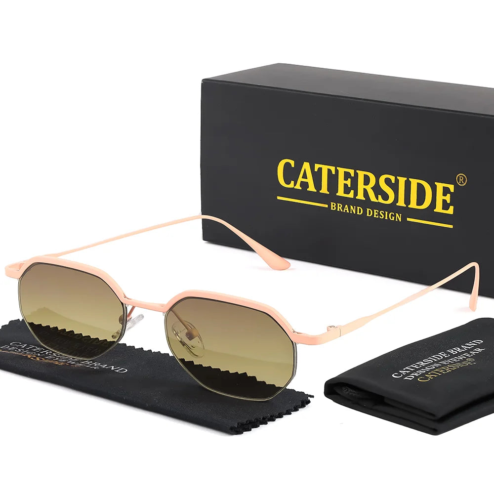 CATERSIDE Retro Polygon Sunglasses Men Metal Semi Rimless Sun Glasses Uv400 Women Outdoor Protection Driving Decorative Eyewear