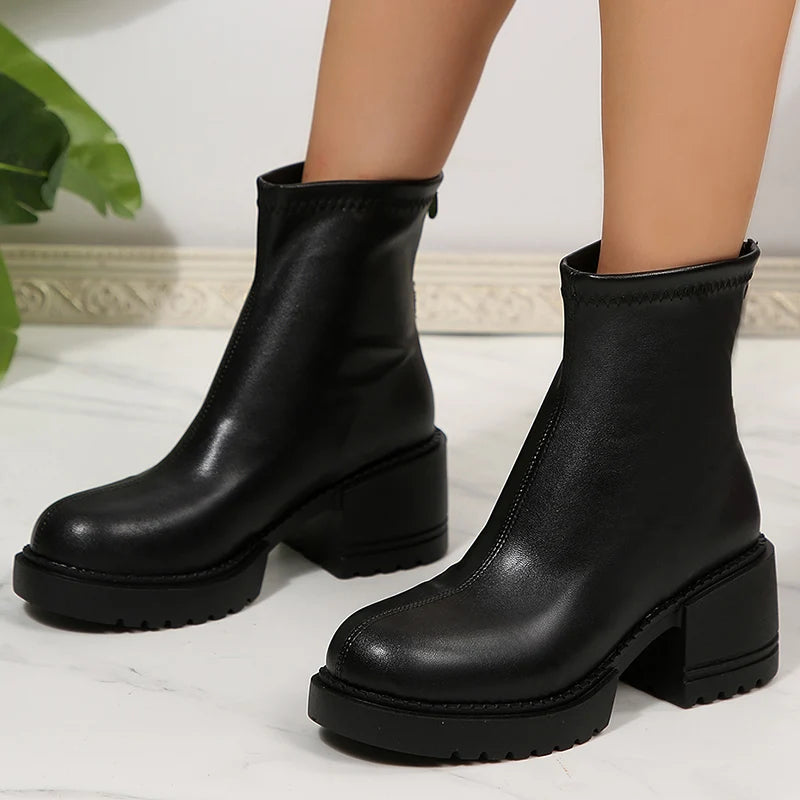 Fashion Thick Heels Ankle Boots Women 2025 Back Zipper Plus Size 35-42 Pu Leather Boots Woman Round Toe Platform Booties Mujer