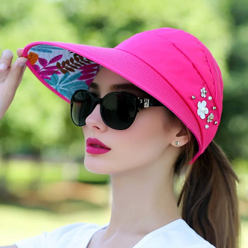 M-2Sun Hat Summer Shade hHt For Women Foldable Sun Protection Beach Large Brimmed Hat UV Protection Cycling Empty Top