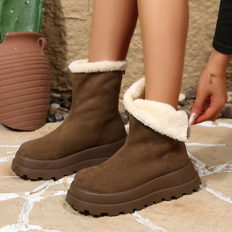 Thick Bottom Long Plush Snow Boots Women Plus Size 42 Faux Suede Platform Ankle Boots Woman Zipper Non Slip Warm Winter Botas