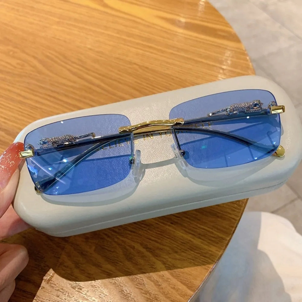 Square Frame Sun Protection UV Sunglasses Female Korean Version Rimless Fashion Cheetah Decoration Sunglasses
