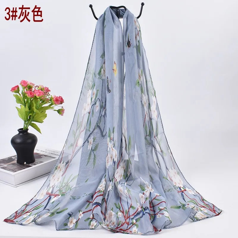 New Fresh Spring Peach Blossom Printed Chiffon Women's Long Scarves Wholesale Thin Sun Protection Women's Scarves