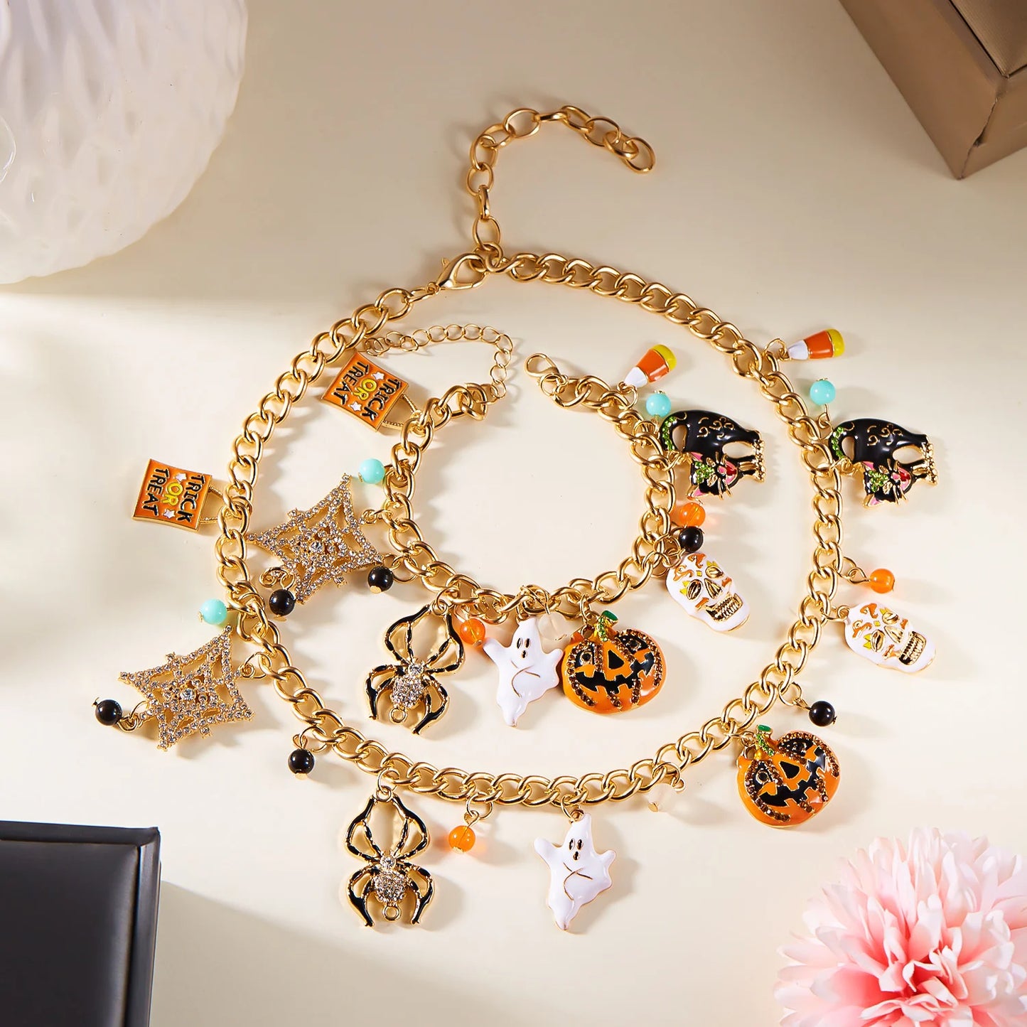 Exaggerated Halloween Ghost Pumpkin Pendant Necklace For Women Shiny Zircon Spider Web Skull Charm Bracelet Party Jewelry Gifts