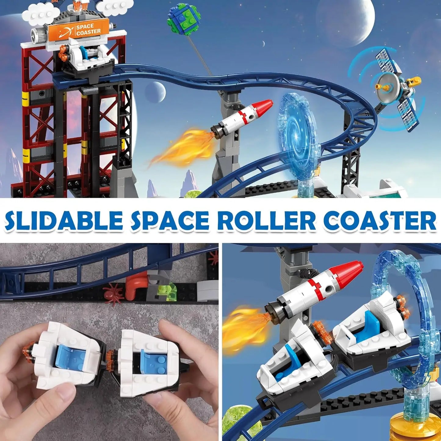 Space Roller Coaster Building Toy-888PCS Lift Platform, Satellites, Rocket Park
