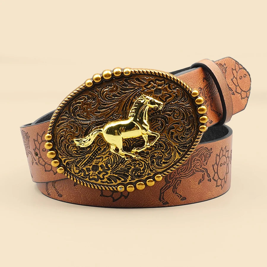 Vintage Cowboy Style Belt, Women's Fashion Casual Belt, Retro Printed Leather Belt, Suitable for Daily, Commuting, College Style