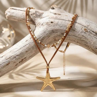 Layered Gold Starfish Pendant Necklace Women White Seed Bead Rope Cord Choker Boho Beach Summer Vacation Jewelry