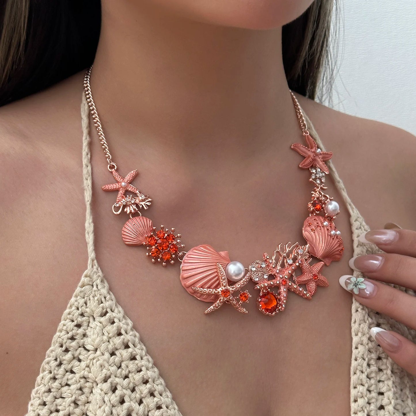 Statement Rose Gold Ocean Jewelry Set Women Chunky Coral Starfish Shell Pearl Crystal Necklace Bracelet Sunset Resort