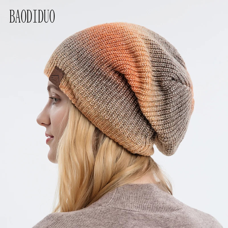 Xinbaoguan 60% acrylic 9858 autumn and winter new knitted hat trend gradient tie dye warm hat rainbow fashionable woolen hat