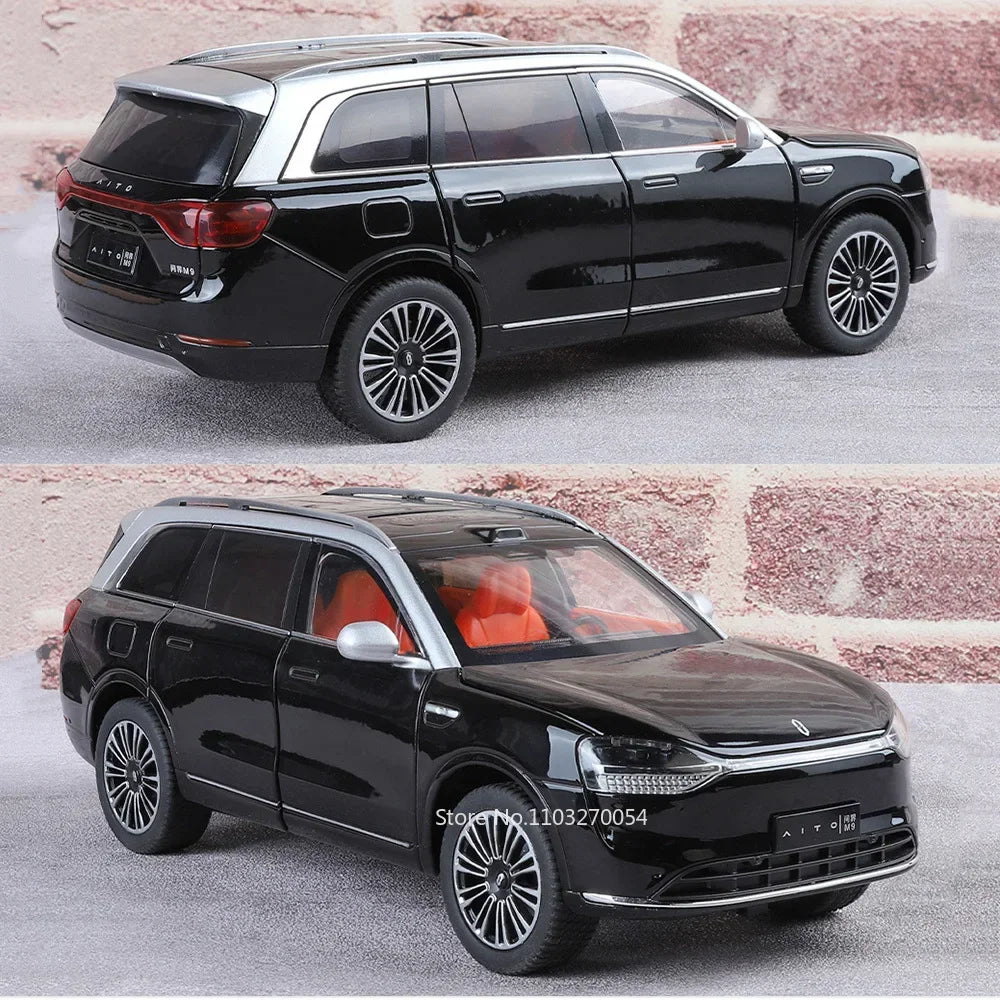 1:24 AITO M9 SUV Model Toys Car Alloy Metal Diecast Sound Light Pull Back 6 Door Opened Rubber Tire Vehicle Collectible Ornament