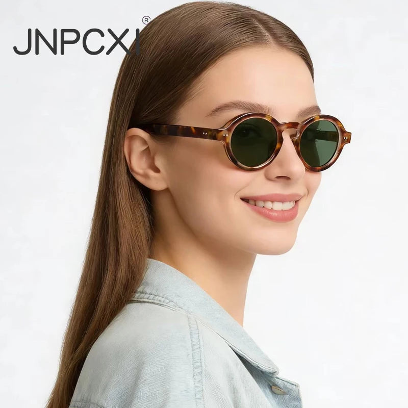 JNPCXI Retro Round Women Polarized Sunglasses Fashion Rivets Decoration Men Punk Shades UV400 Leopard Sun Glasses