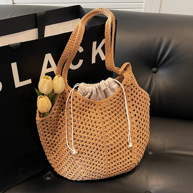 2026 Latest Summer Beach Straw Woven Tote Bag For Women 2-IN-1 Hollow-out Lightweight Large Capacity Shopper Shoulder Bag Female