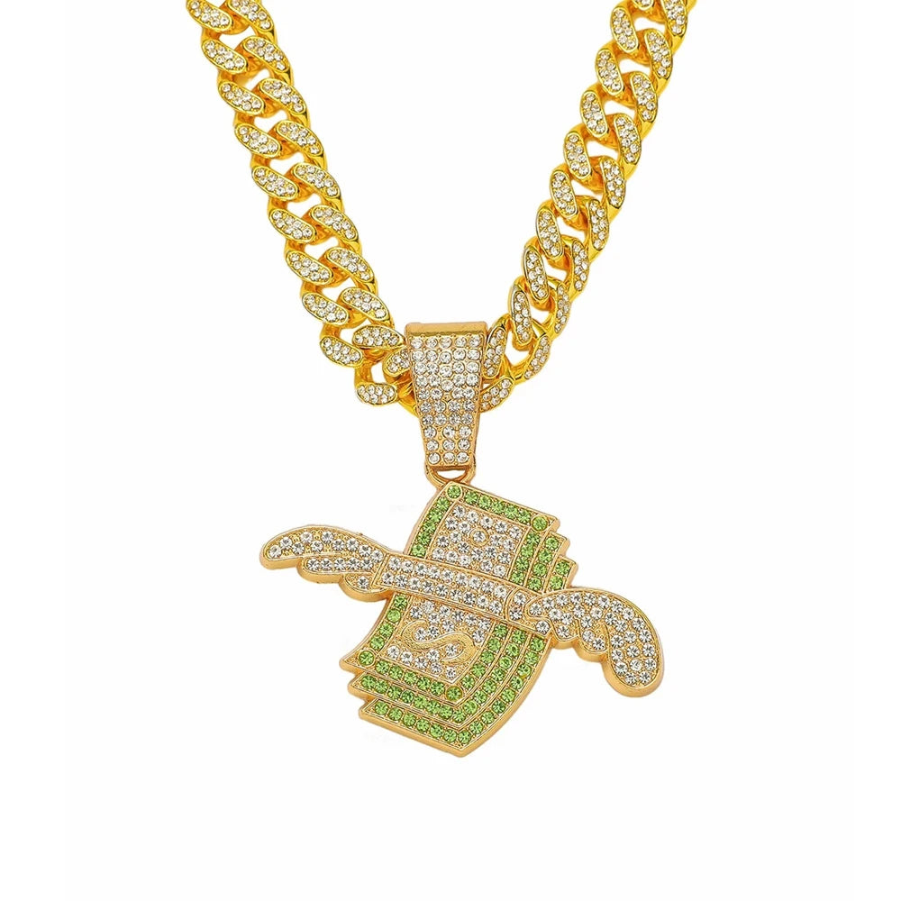 Mens Hip Hop Wings Cash Pendant Money Dollar Symbol Necklace with 20 Inch Miami Cuban Chain Necklace for Men Rapper Jewelry Gift