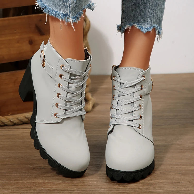 British Style High Heel Ankle Boots Women 2025 Fashion Non Slip Lace Up Short Booties Mujer Thick Heeled High Top Pumps Woman