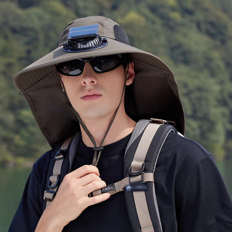 9217Ultra-wide brim sun hat, 1pc solar fan hat, waterproof bucket hat for fishing, hiking and camping