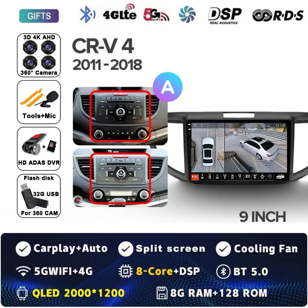 For Honda CR-V CRV 4 RM RE 2011 - 2018 Android 15 Car Radio GPS Navigation QLED Carplay Auto Multimedia Stereo Player BT