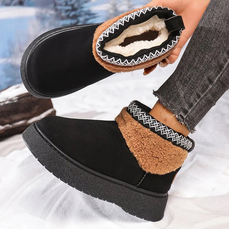 Black Platform Snow Boots for Women Winter Thicken Warm Plush Ankle Boots Woman Retro Faux Suede Non Slip Cotton Shoes Lady
