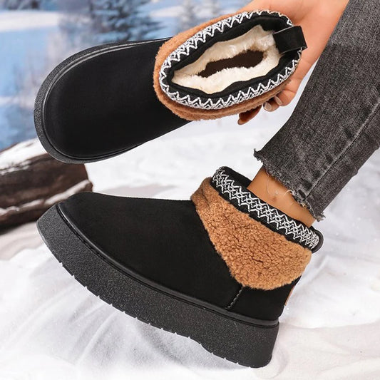 Black Platform Snow Boots for Women Winter Thicken Warm Plush Ankle Boots Woman Retro Faux Suede Non Slip Cotton Shoes Lady
