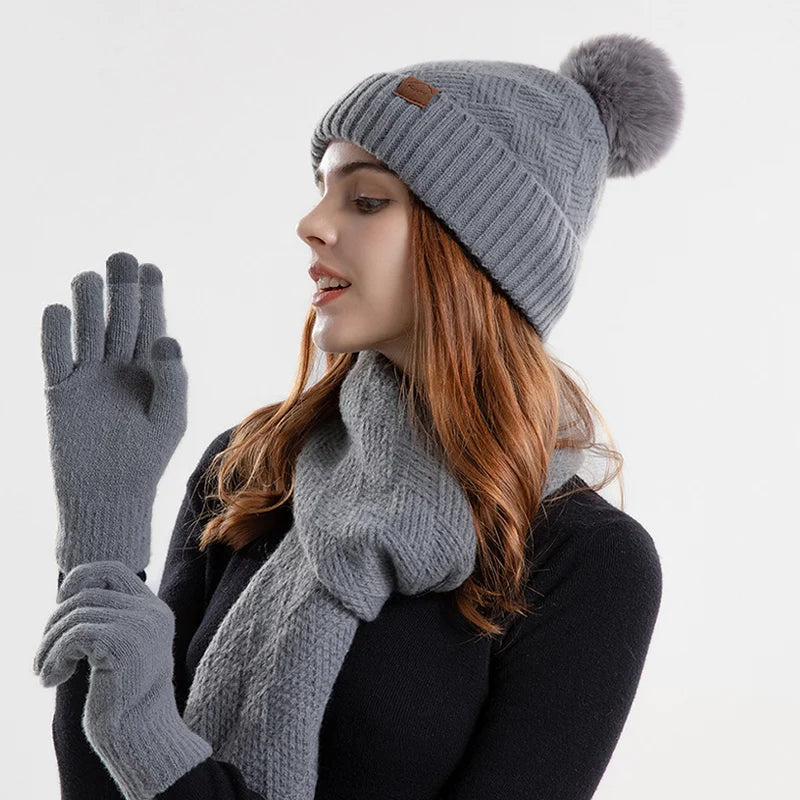Xinbaoguan 100% Acrylic 9988 Winter Korean Edition Fashion Knitted Wool Warm Hat Scarf Glove 3-Piece Set Ear Protection Hoodie