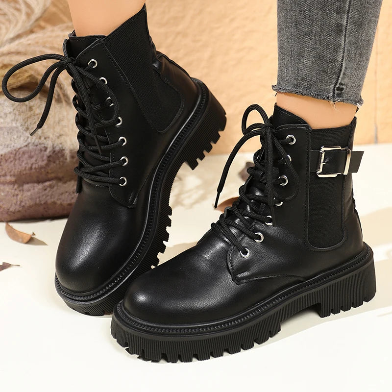 Fashion Buckle Platform Ankle Boots for Women Black Lace Up Thick Sole Motorcycle Boots Woman Plus Size Pu Leather Booties Mujer