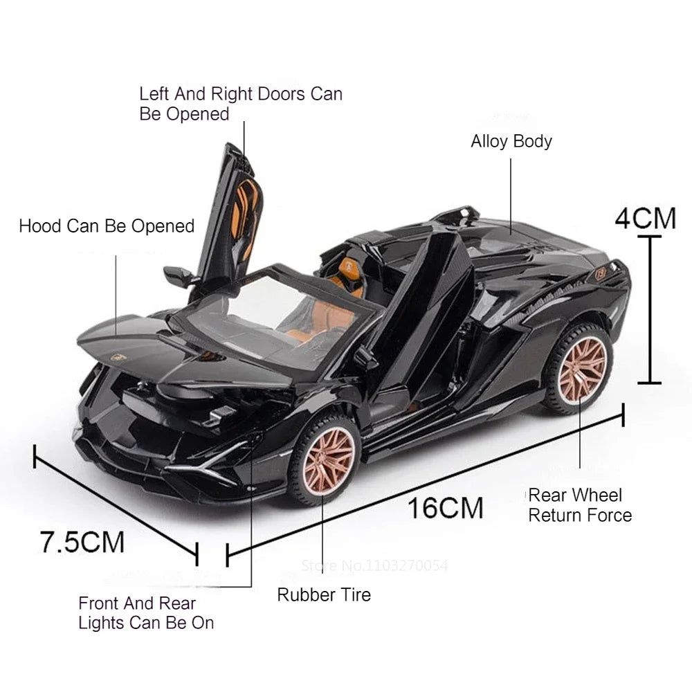 1/32 SIAN SCV12 Toys Car Model Alloy Diecast Sport Cars Metal Body Rubber Tires Doors Opened Sound Light Pull Back Gifts for Kid