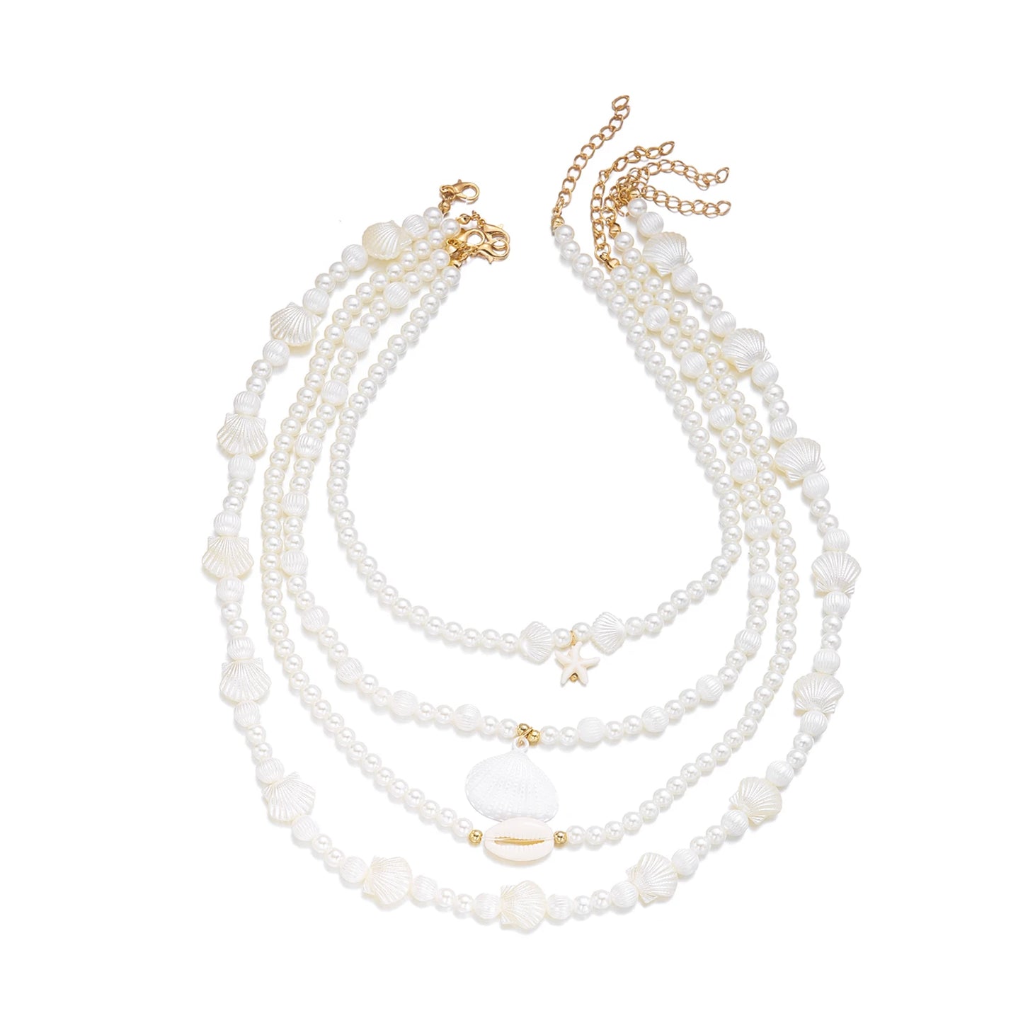 4Pcs/Set Vacation Shell Starfish Faux Pearl Necklace Summer Beach Ocean Theme Boho Layered Choker Jewelry For Women