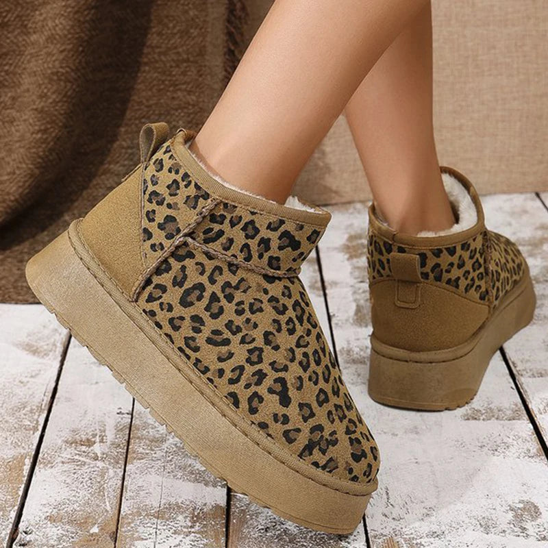 2025 Winter Leopard Snow Boots for Women Slip On Short Plush Warm Ankle Boots Woman Fashion Faux Suede Platform Booties Female