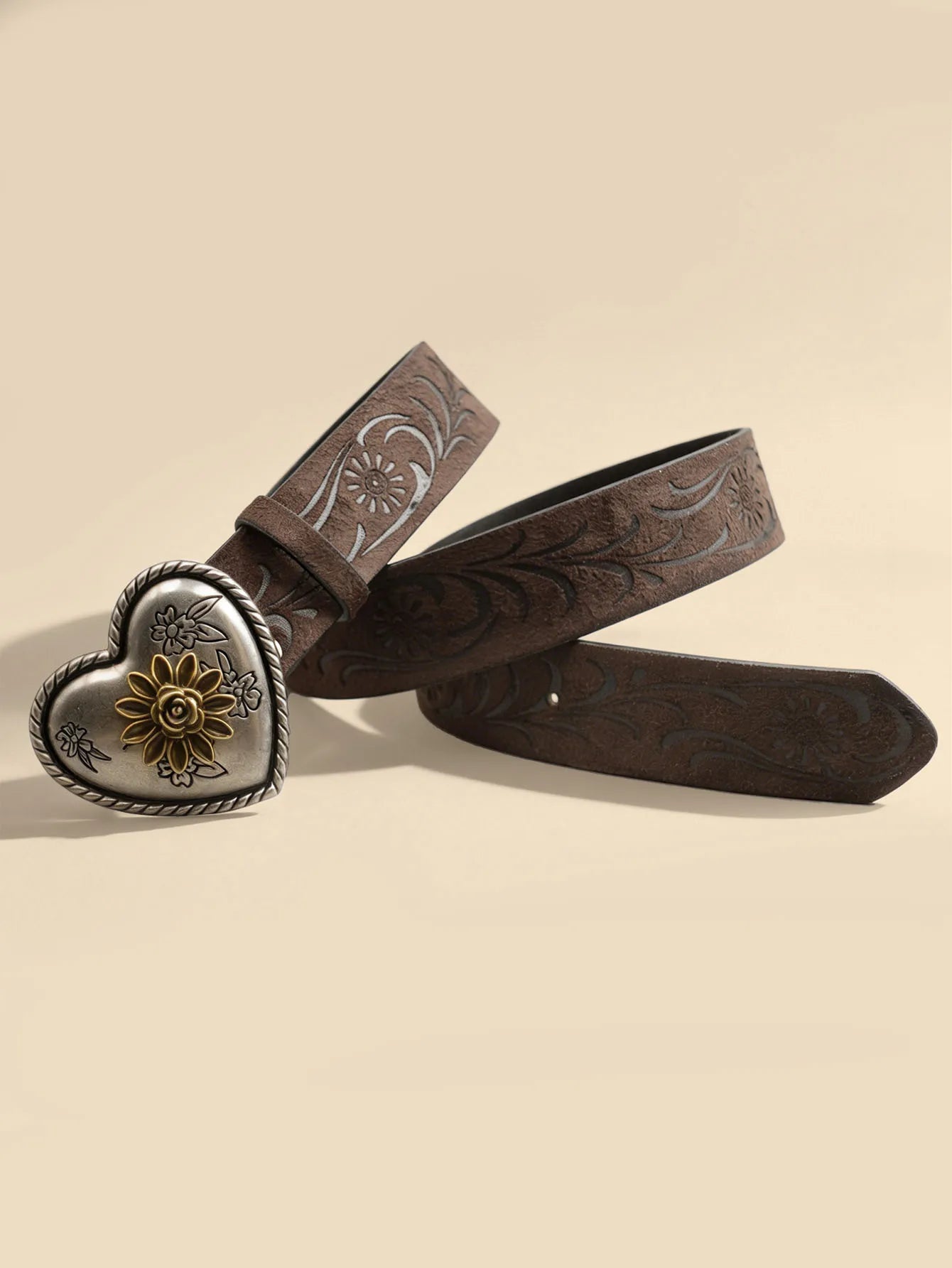 Heart Flower Metal Buckle Belt Brown Embossed Women's Retro Waistband Fashion Decorative Belt