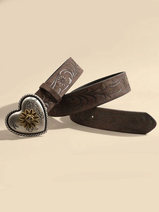 Heart Flower Metal Buckle Belt Brown Embossed Women's Retro Waistband Fashion Decorative Belt