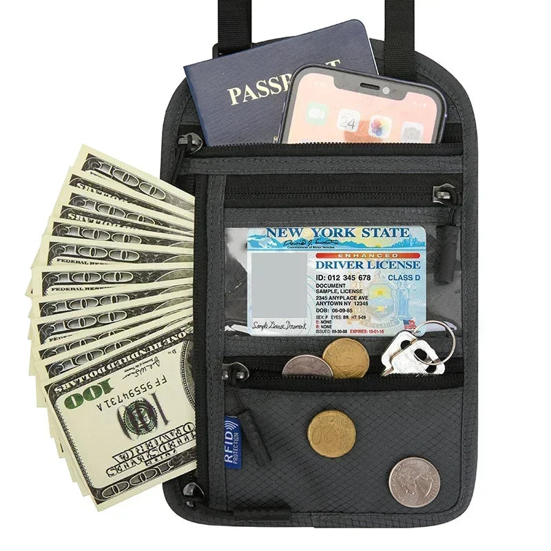 RFID Protection Passport Holder Travel Neck Pouch Anti-theft Wallet Hidden Money Document Card Holder Waterproof Large Organizer