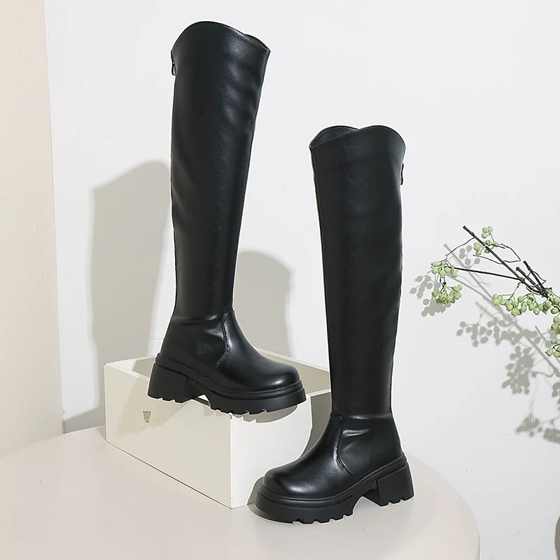 Fashion Chunky High Heel Knee High Boots Women Punk Style Platform Pu Leather Long Boots Woman Plus Size 42 Over The Knee Botas