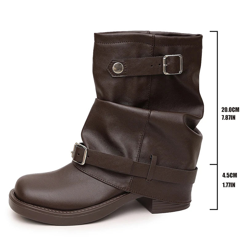 Fashion Buckle Black Pu Leather Ankle Boots Women Slip On Thick Heels Punk Motorcycle Boots Woman Plus Size 42 Slouchy Botas