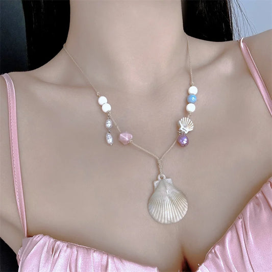 Bohemian Imitation Pearl Ceramic Beaded Shell Necklace for Women Handmade Woven Rope Chain Choker Necklace Summer Beach Jewelry