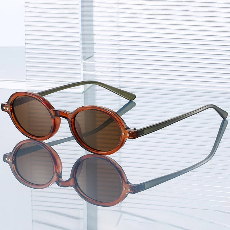JNPCXI New Fashion Small Oval Sunglasses Women Vintage Rivets Punk Orange Tea Shades UV400 Men Sun Glasses