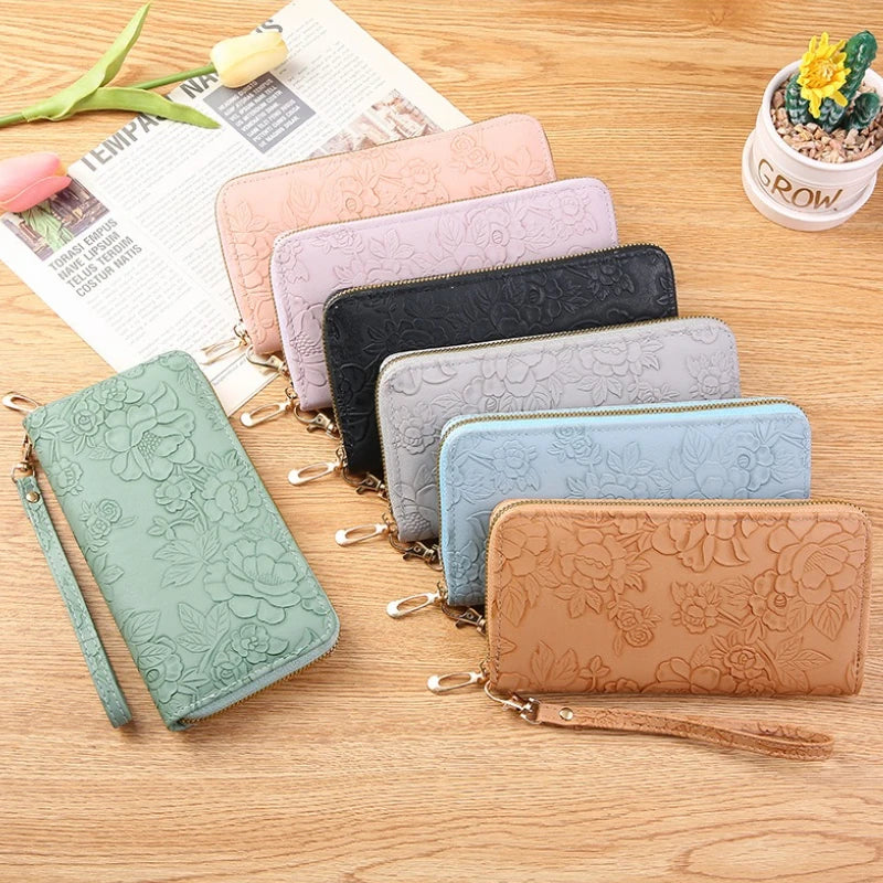 2026 New Floral Embossed Long Wallet PU Leather Credit Card Holder Simple Trendy Phone Bag Coin Purse for Women Hand-held Wallet