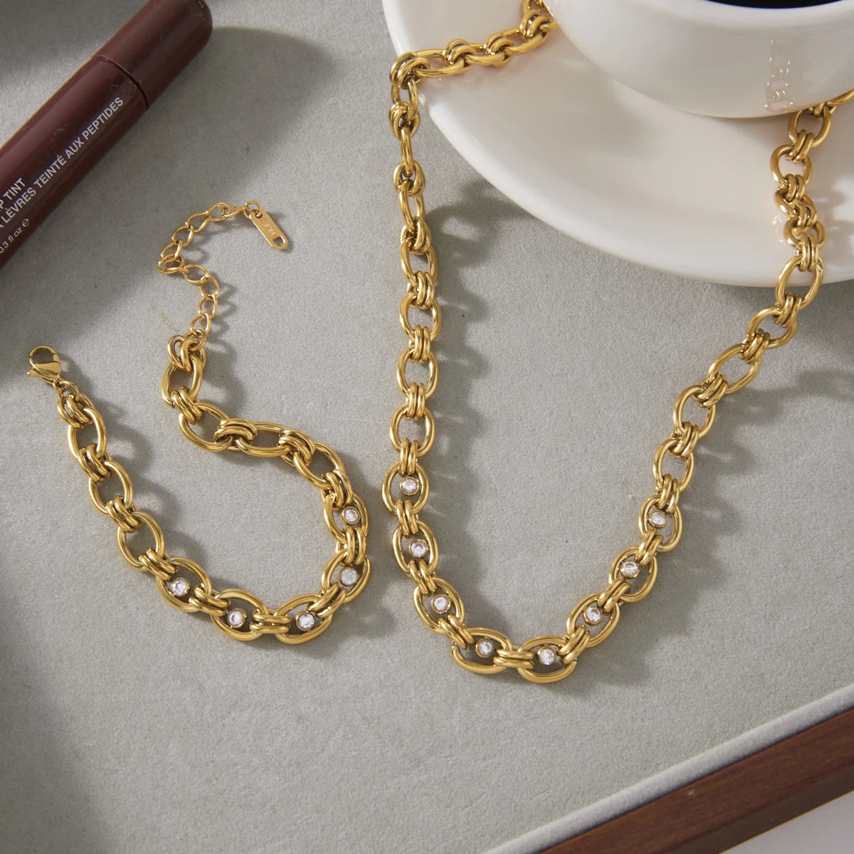 Uworld Delicate Zircon Chunky Chain Necklace Bracelet For Women Minimalist 18K Gold PVD Plated Stainless Steel Necklace Bracelet