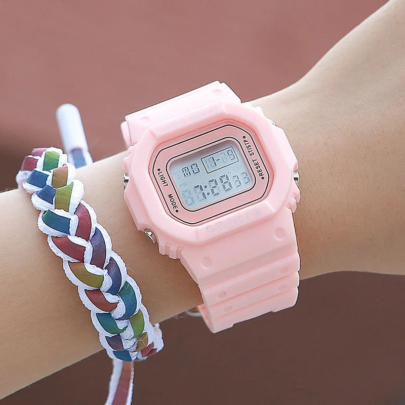 Pink Sports Watch, LED Square Digital, Waterproof Rubber Men, Women