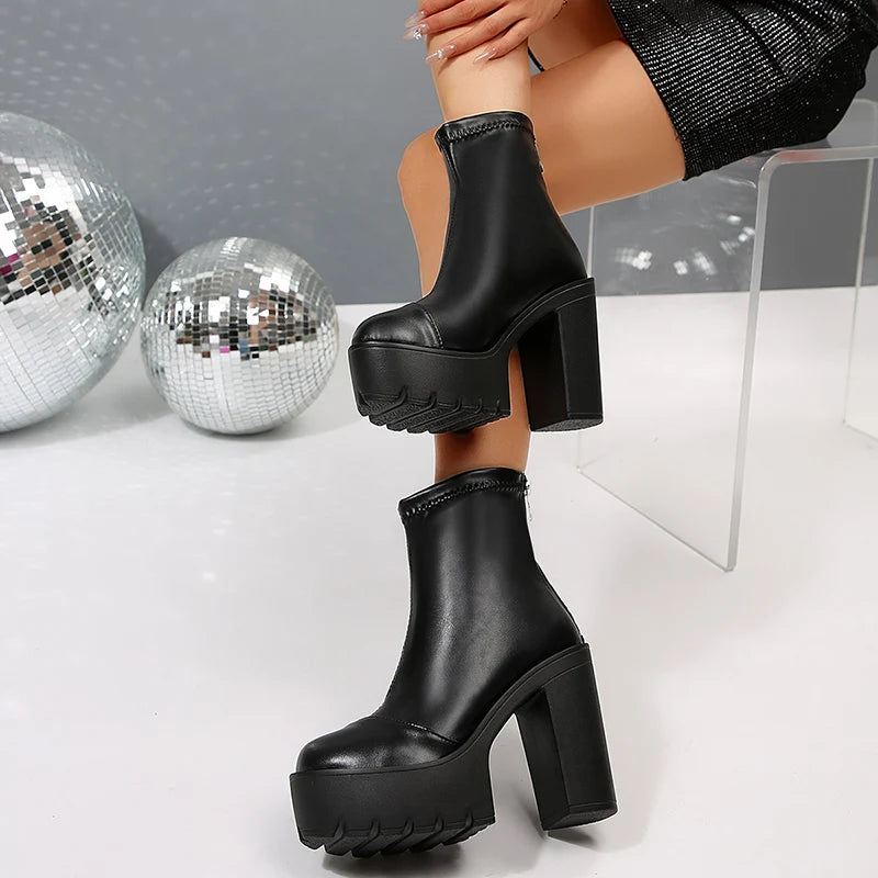 Chunky High Heels Ankle Boots Women Fashion Punk Thick Heel Black Short Booties Mujer Back Zipper Pu Leather Goth Boots Female