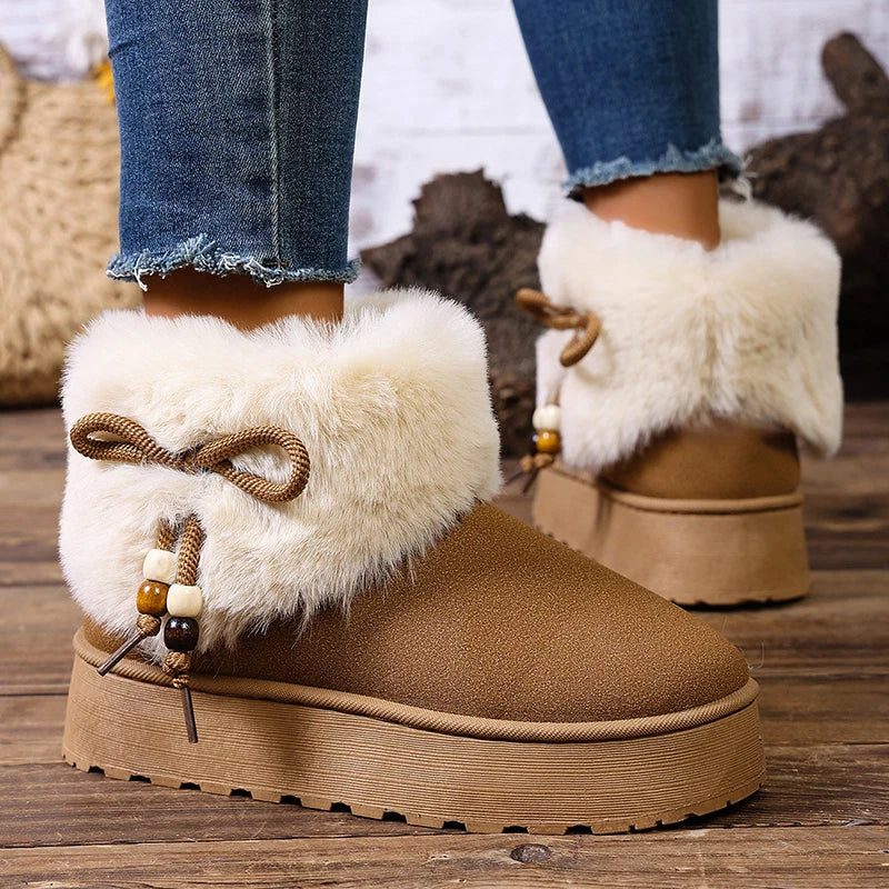 Thick Platform Faux Fur Snow Boots Women Bow Thicken Plush Winter Ankle Boots Woman Plus Size 43 Non Slip Warm Cotton Shoes