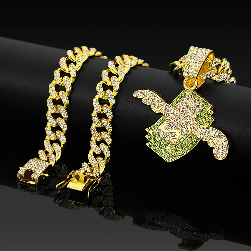 Mens Hip Hop Wings Cash Pendant Money Dollar Symbol Necklace with 20 Inch Miami Cuban Chain Necklace for Men Rapper Jewelry Gift