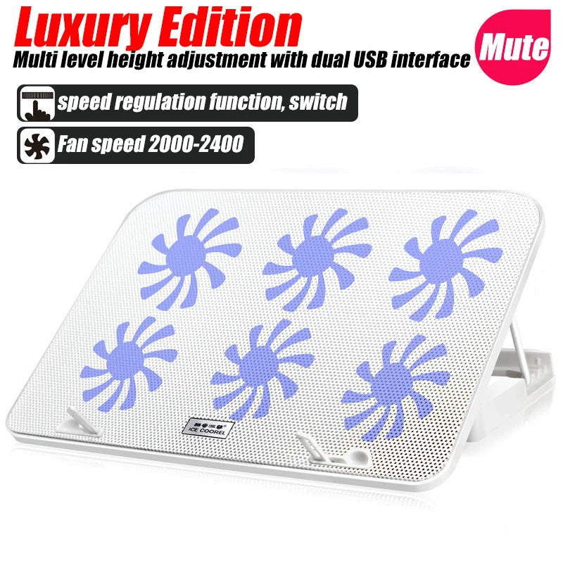 RGB Laptop Cooler 2 USB, 6 Fan Gaming Led Light Notebook Cooler 13-18 In Stand