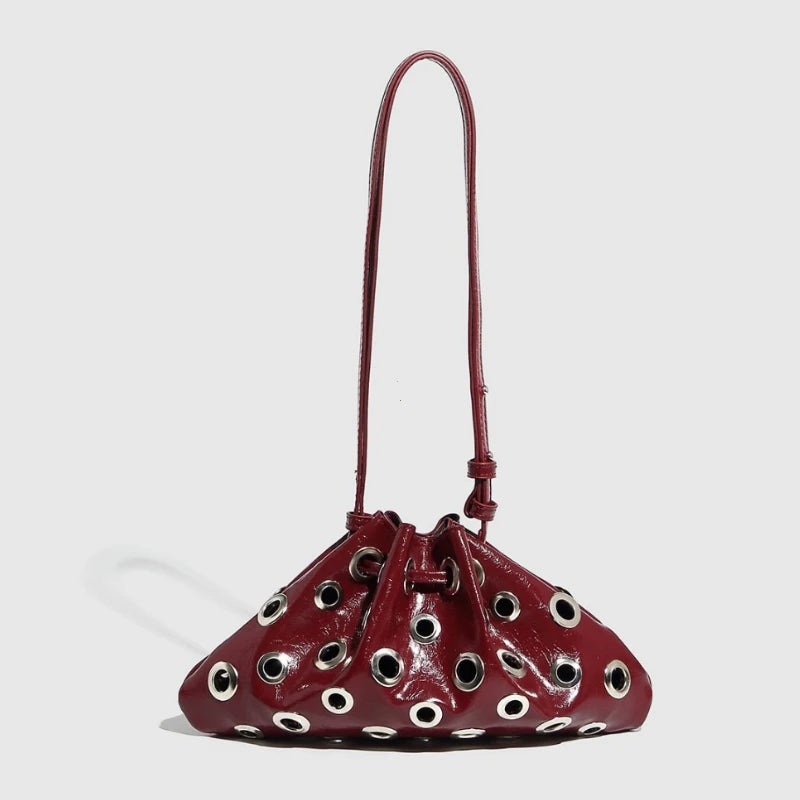 Women Metal Stud Y2k Shoulder Bag Large Capacity Retro Hollow Handbag Drawstring Crossbody Bag Shopping Vacation Handbag