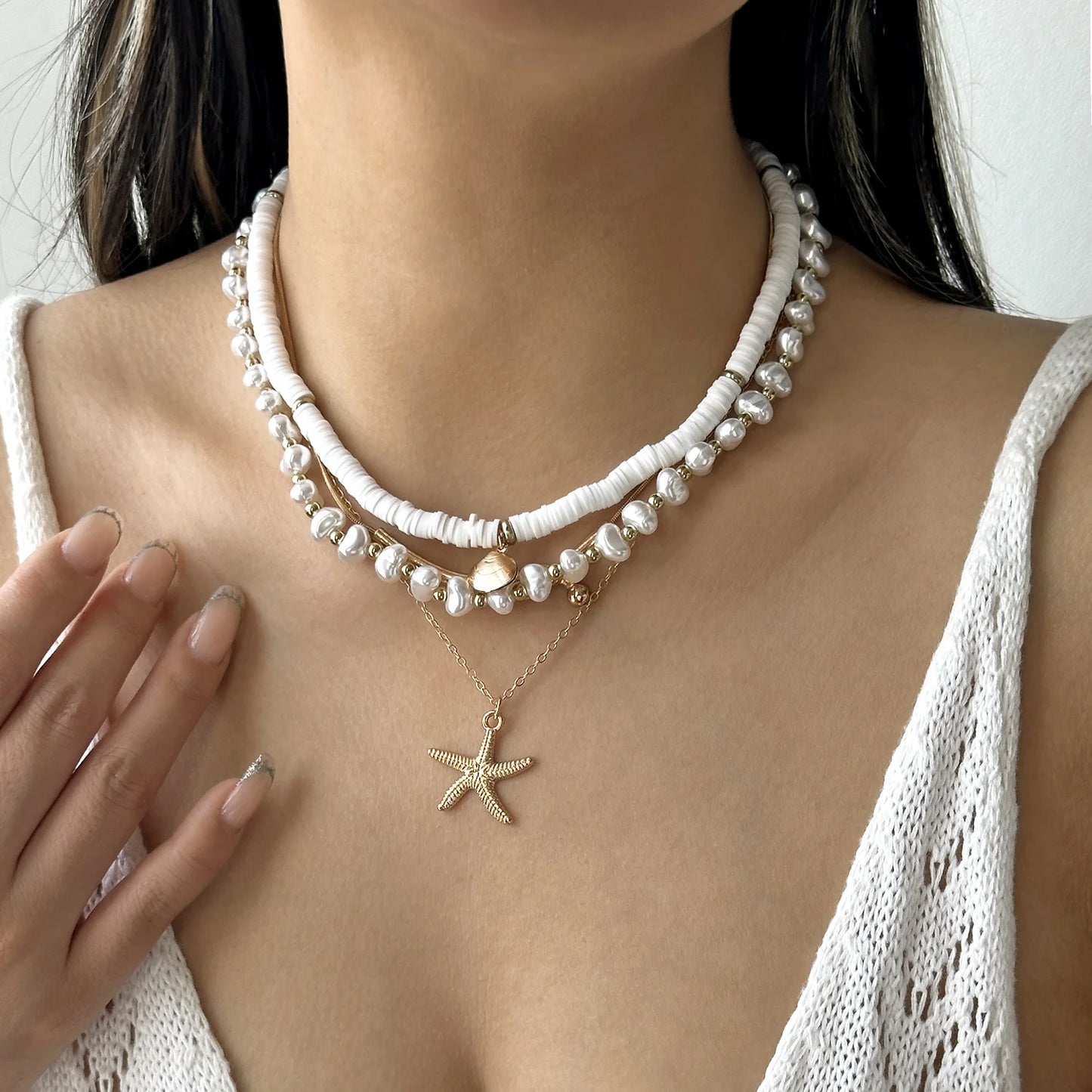 4Pcs/Set Pearl Starfish Shell Necklace Set Bohemian Summer Ocean Multi-layer Pendant Jewelry