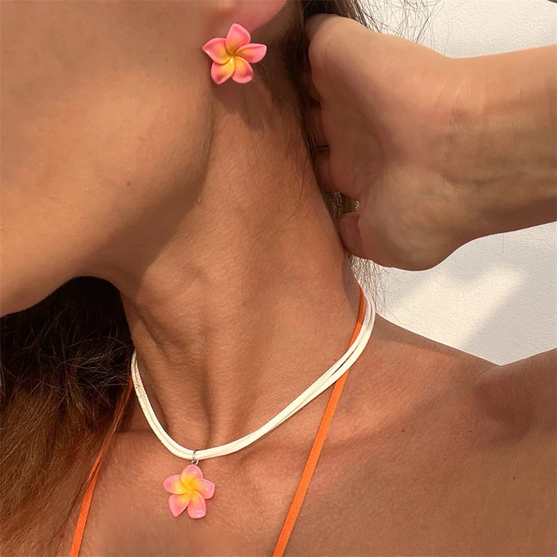 Trendy Boho Summer Starfish Flower Pendant Necklace Earrings for Women Fashion Leather Rope Chain Choker Beach Party Jewelry Set
