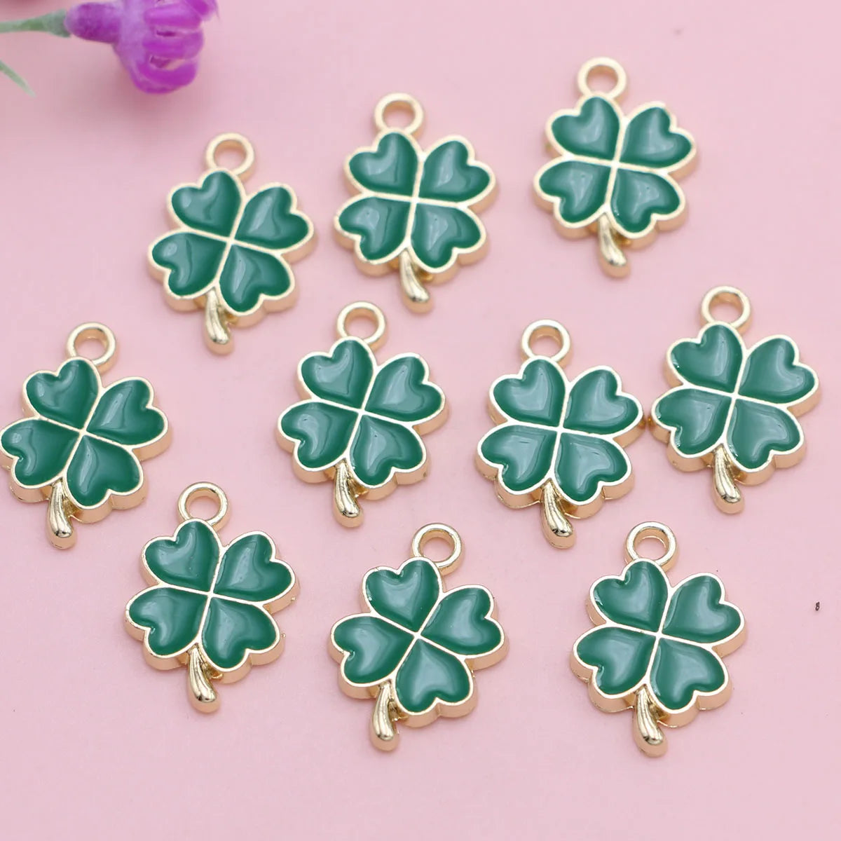10pcs Gold Color Green Enamel Lucky Clover Flower Charm for Jewelry Making Necklace Earrings Bracelet Accessories DIY