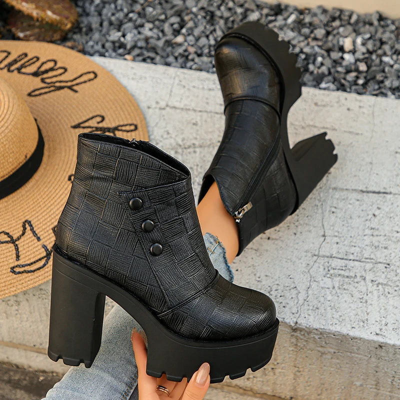 Fashion Black High Heels Ankle Boots Women Plus Size 42 Chunky Platform Short Booties Mujer Pu Leather Thick Heeled Boots Woman