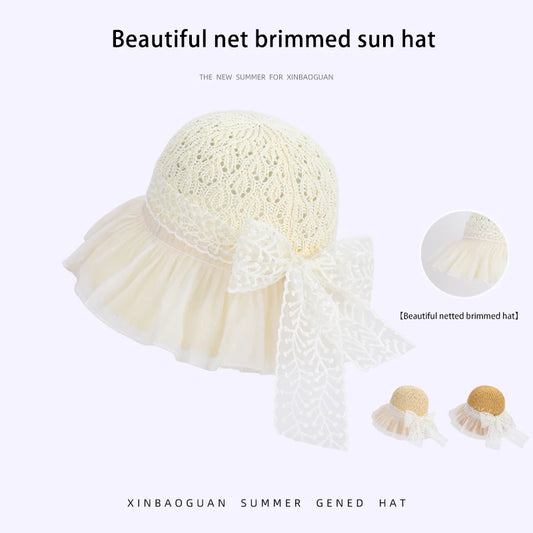 6179-New summer women's sheer breathable sun hat with children's lace ribbons and bow at the brim, fisherman style hat