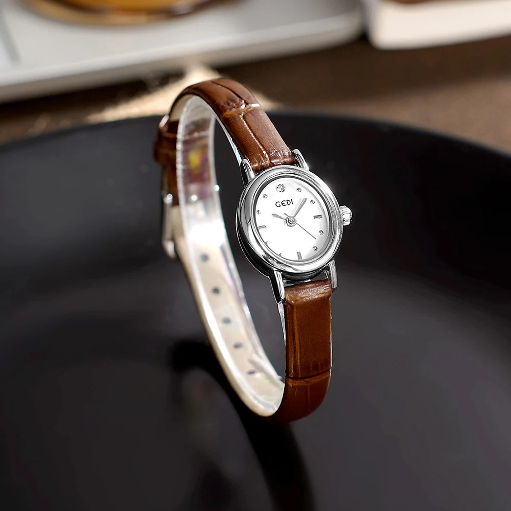 GEDI Vintage Small Watch Woman Elegant Oval Leather Strap Quartz Ladies Watches Wristwatch Waterproof Fashionable
