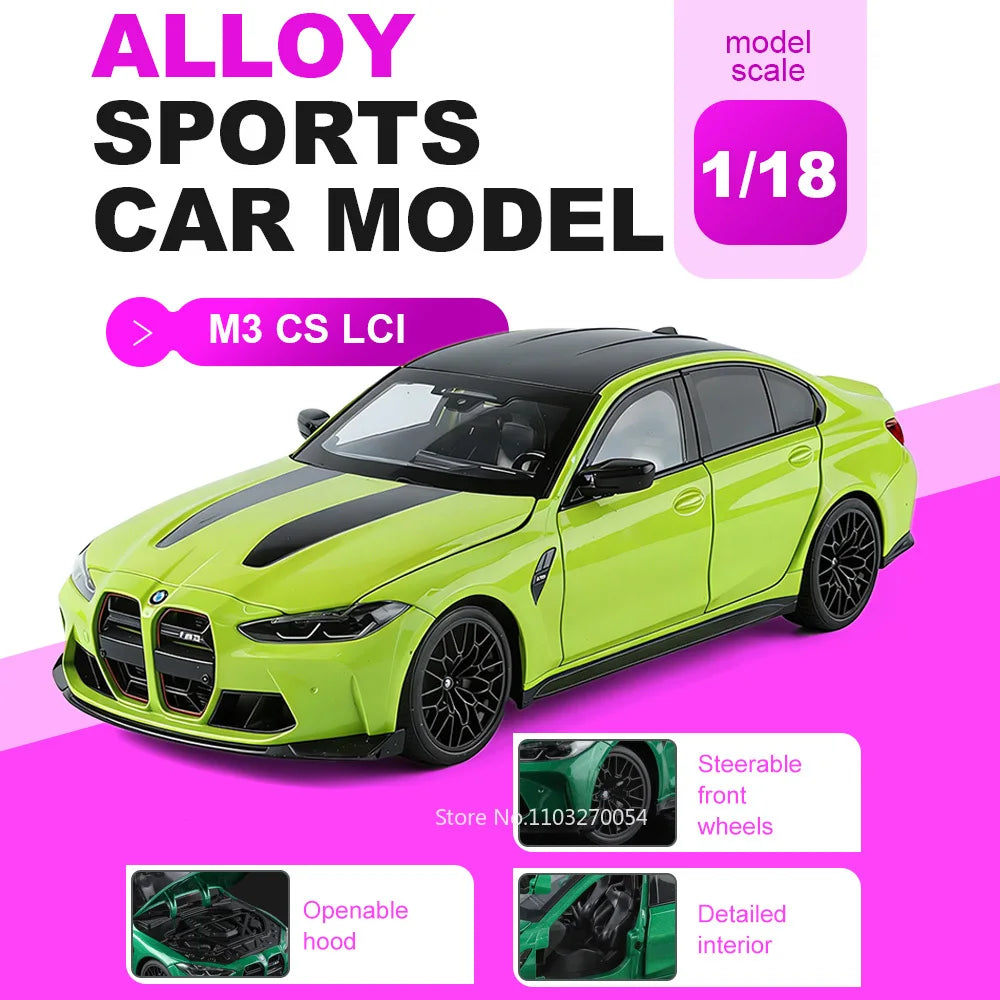 1:18 M3 CS LCI X5M Diecast Model Alloy Toys Car Doors Opened Front Wheel Steering Folding Rearview Mirror Cars Desktop Ornaments