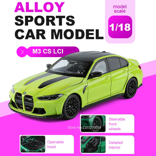 1:18 M3 CS LCI X5M Diecast Model Alloy Toys Car Doors Opened Front Wheel Steering Folding Rearview Mirror Cars Desktop Ornaments