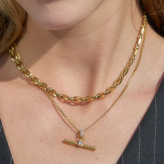 Uworld Delicate Gold Color White Rhinestone T-Bar Pendant Necklace Layered Jewelry For Women 18K PVD Plated Stainless Steel Gift